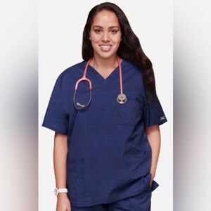 Lot Of 2 Cherokee Workwear Scrubs Unisex 3 Pocket, V Neck Top Navy Blue Size XL